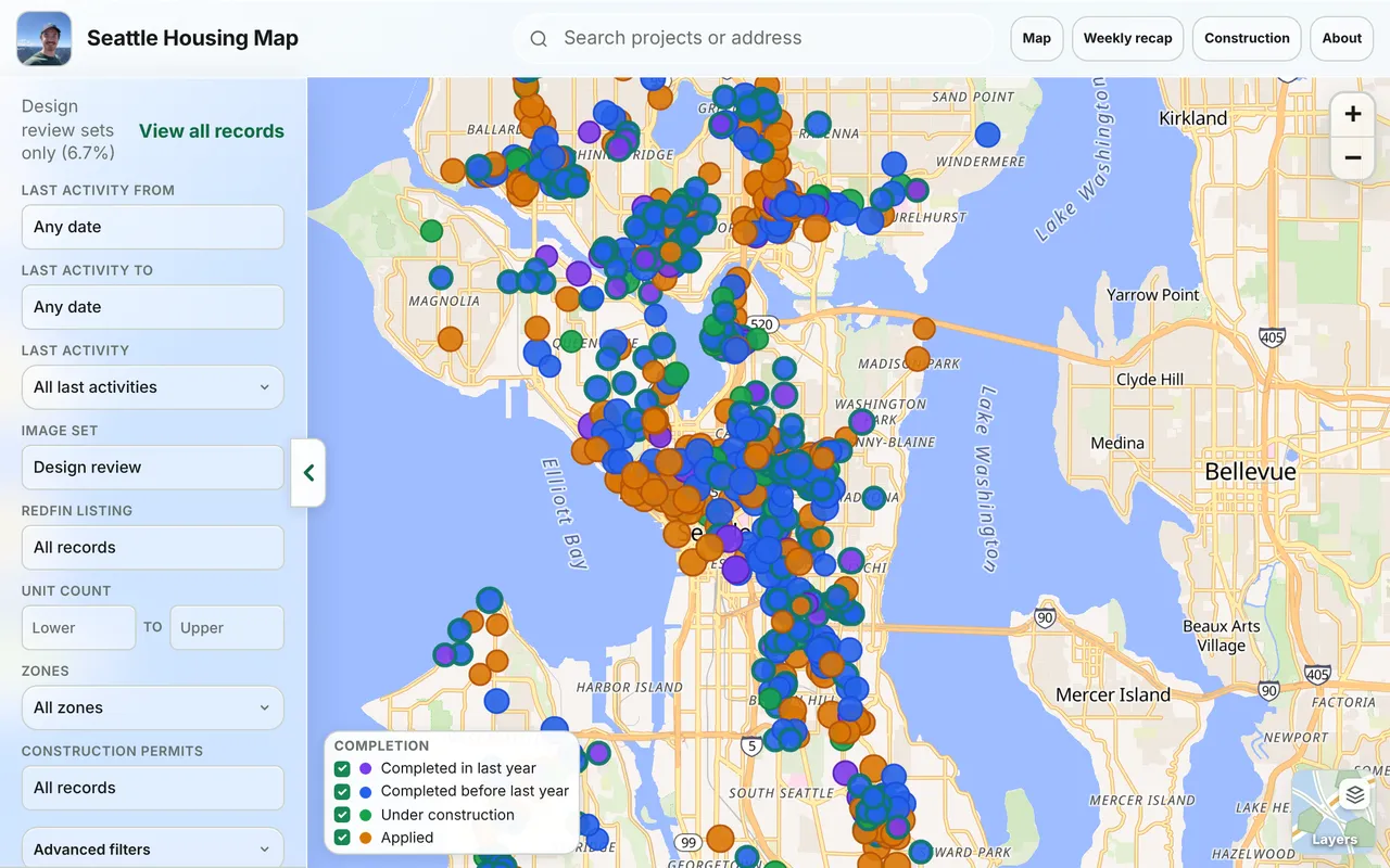 Map of Seattle with a pin for each housing project